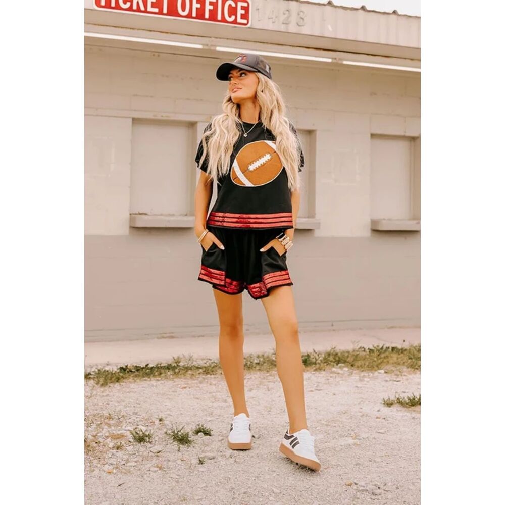 Football Fan 2pc Outfit Tee & Shorts Set Sequins Red Black Embroidered Sm